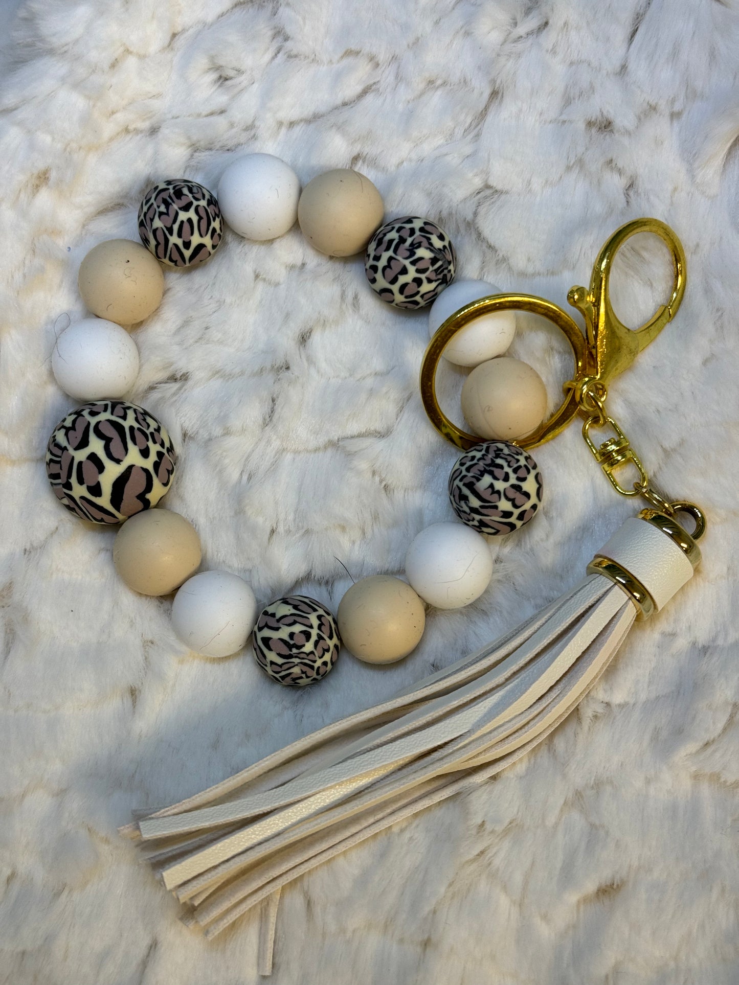 Cheetah, Cream & White beaded Wristlet Keychain