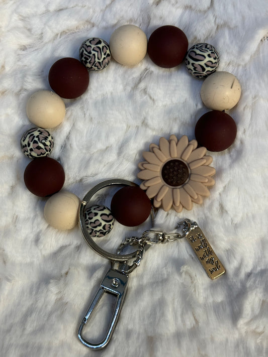 Cheetah, Cream & Maroon beaded Wristlet Keychain