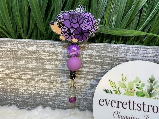 Hedge Hog- Purple Beaded Badge Reel