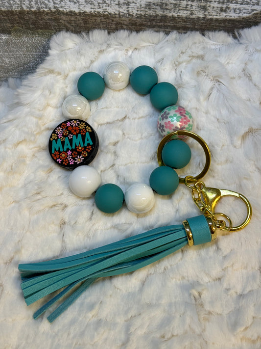 MaMa Teal and White silicone beaded Wristlet Keychain