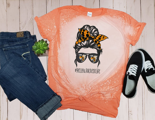 Yellow Jacket Orange and Black Messy Bun Bleached Shirt