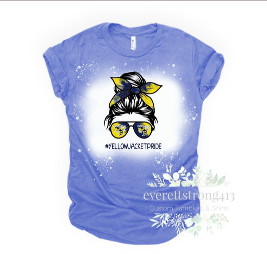 Yellow Jacket Messy Bun Blue and Gold Bleached Shirt