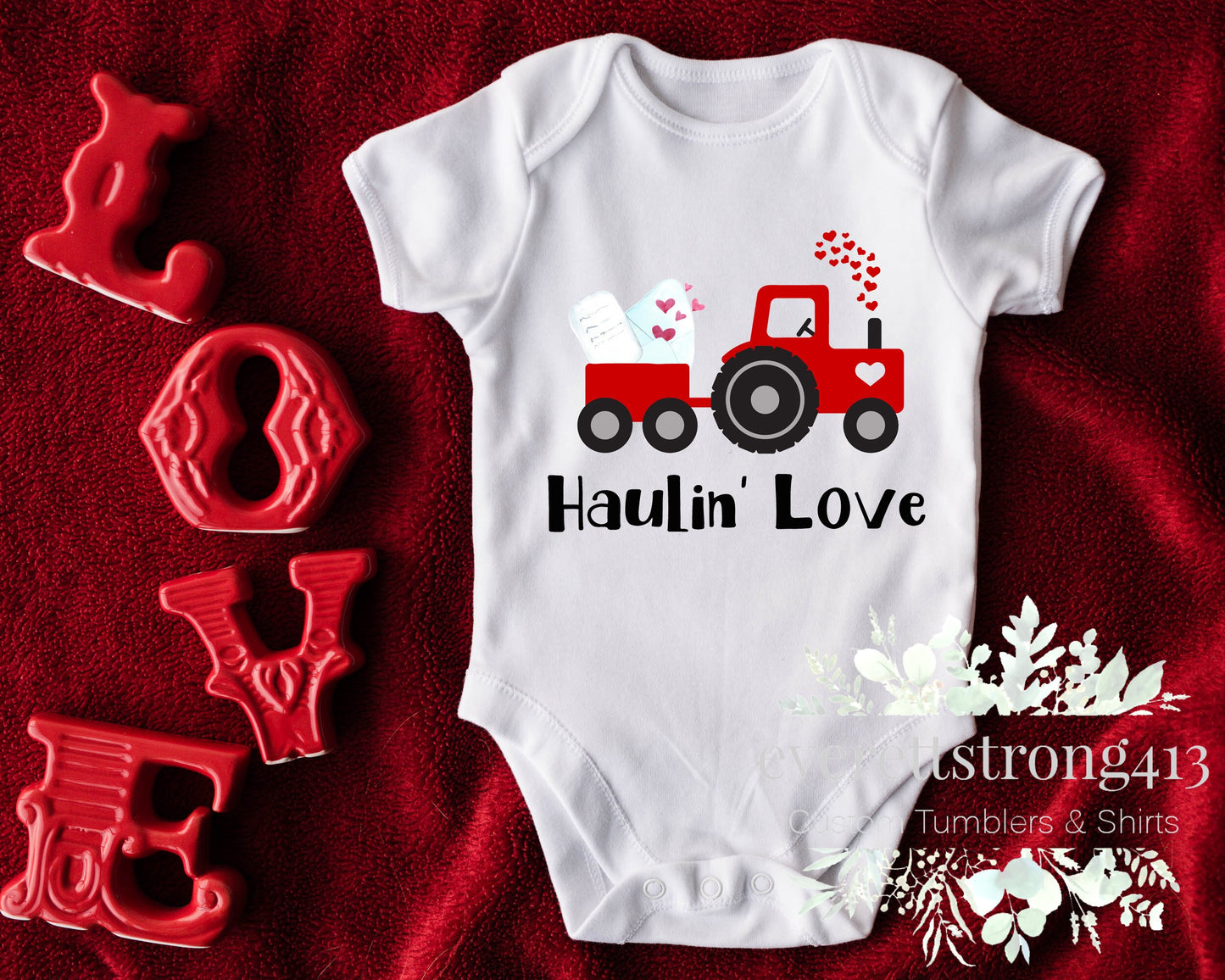 Haulin' Love Red Tractor Valentine Onesie