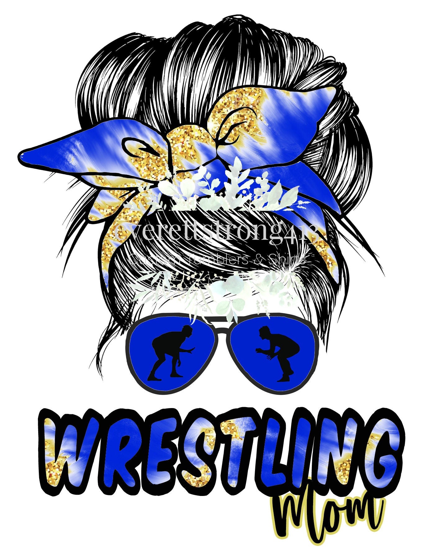 Wrestling Mom Royal Blue and Gold Glitter Messy Bun Digital File