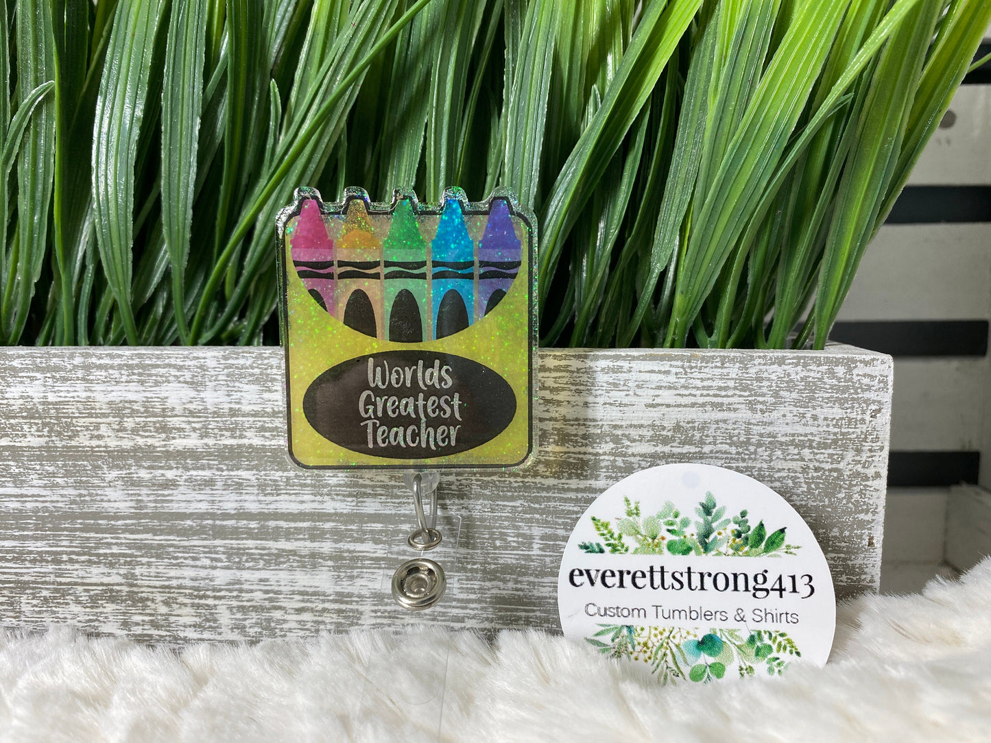 Worlds Greatest Teacher Crayon Box Badge Reel