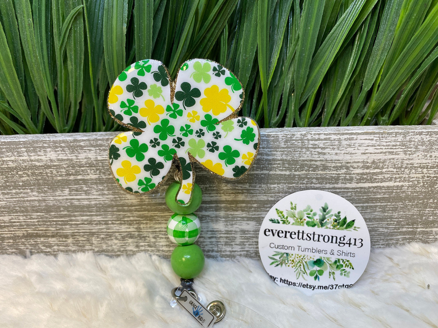 St. Patrick's Day Clover Beaded Badge Reel