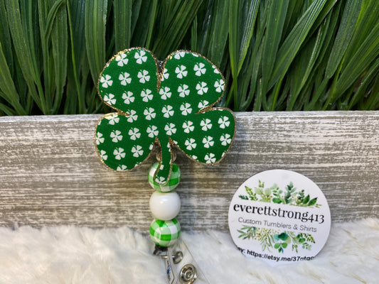 St. Patrick's Day Green Clovers Beaded Badge Reel