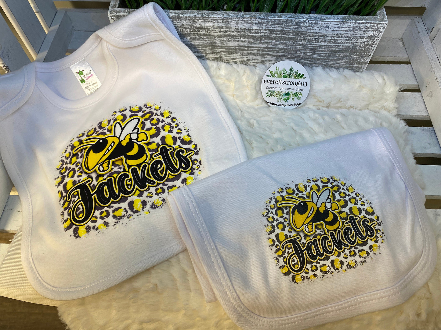 Yellow Jacket Cheetah Matching Bib and Burp Rag Set